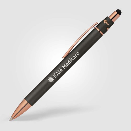 The Orbit Spinner Pen with Rose Gold trim shown in Gunmetal