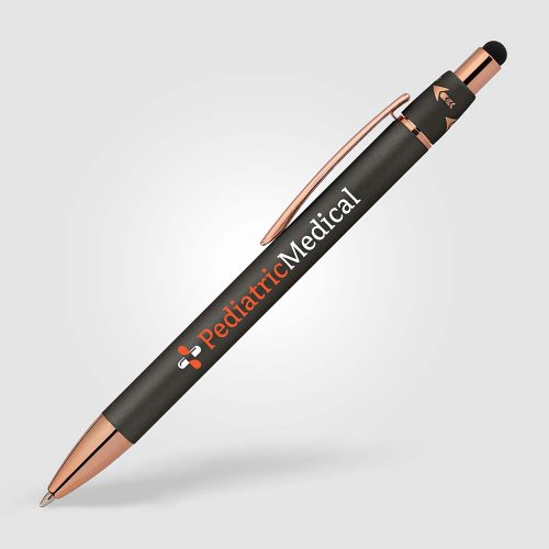 The Orbit Spinner Pen with Rose Gold trim shown in Gunmetal with Color Imprint