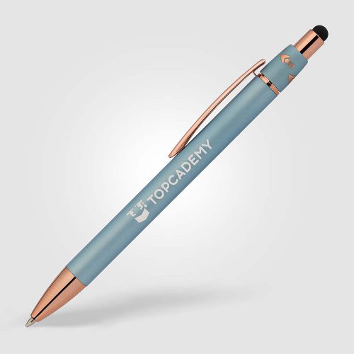 The Orbit Spinner Pen with Rose Gold trim shown in Steel Blue