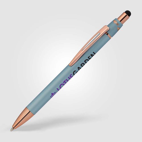 The Orbit Spinner Pen with Rose Gold trim shown in Steel Blue