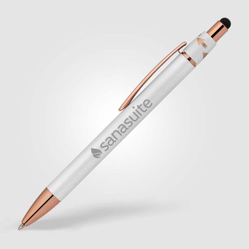 The Orbit Spinner Pen with Rose Gold trim shown in White