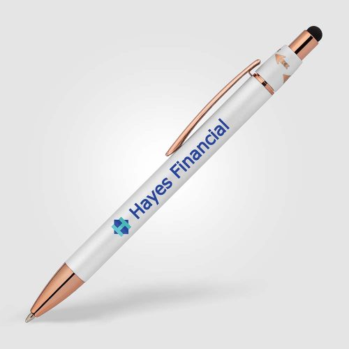 The Orbit Spinner Pen with Rose Gold trim shown in White with Color Imprint